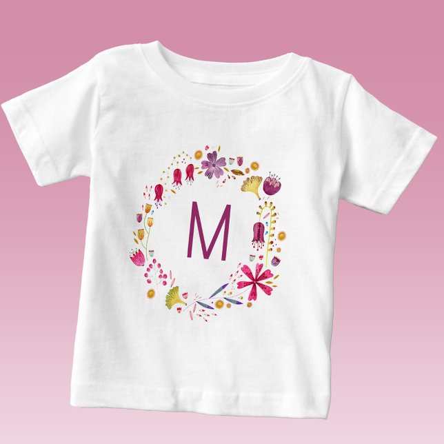 Wildblommor Watercolor WandeMonogram Initial T Shirt (Monogram initial personalized watercolor botanical floral wreath baby t-shirt)