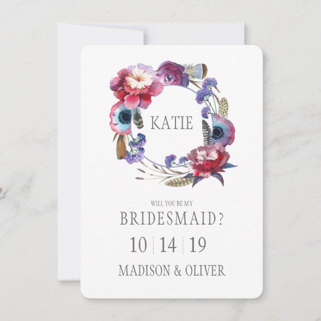 WildblommPeony-Blommigten med Feathers | Bridesmai Inbjudningar (Framsida)