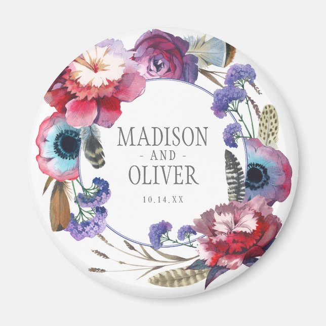 WildblommPeony-Blommigten med Feathers | BRÖLLOP Magnet (Framsidan)