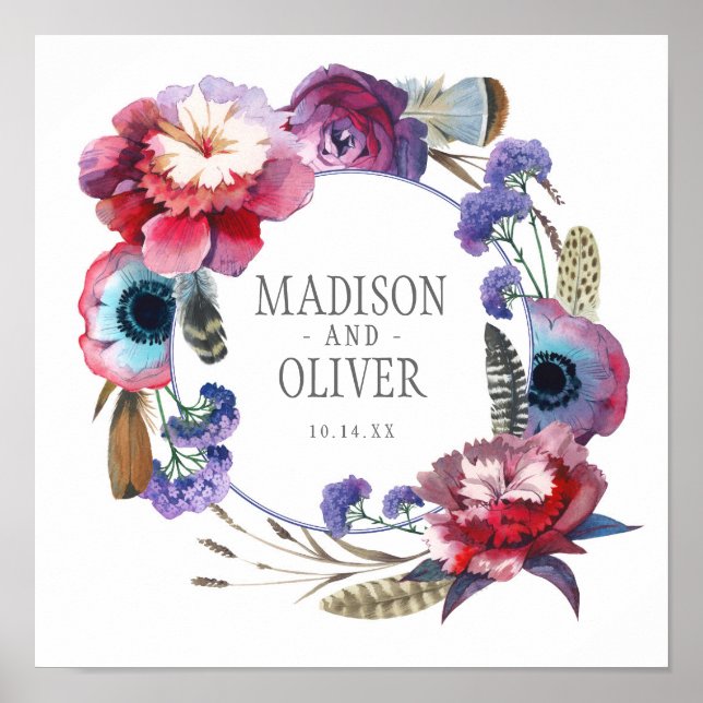 WildblommPeony-Blommigten med Feathers | BRÖLLOP Poster (Framsidan)