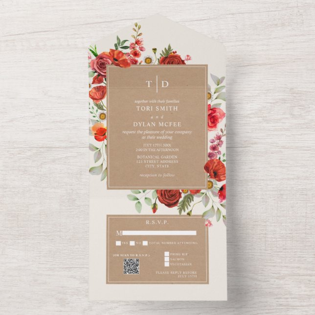 WildblommRed Blommigt Cardstock Bröllop OSA QR (Insida)