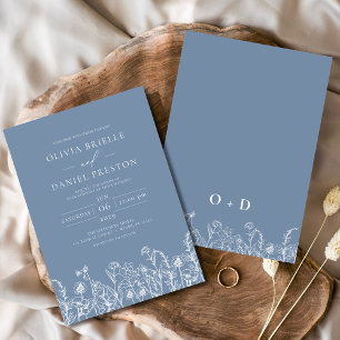Wildblommy Dusty Blue Monogram Botanical Bröllop Inbjudningar