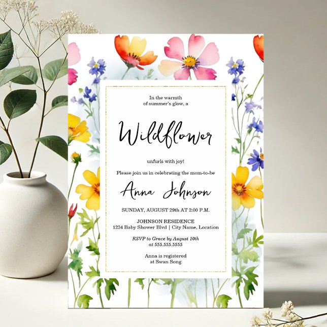 Wildblomning Blåstövel för spädbarn Inbjudningar (Vibrant and elegant blooming wildflower baby shower invitation front view)