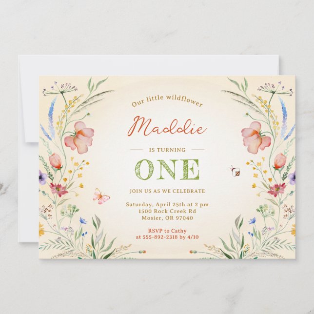 Wildblomning som vandrar en första flickans födels inbjudningar (Framsida)