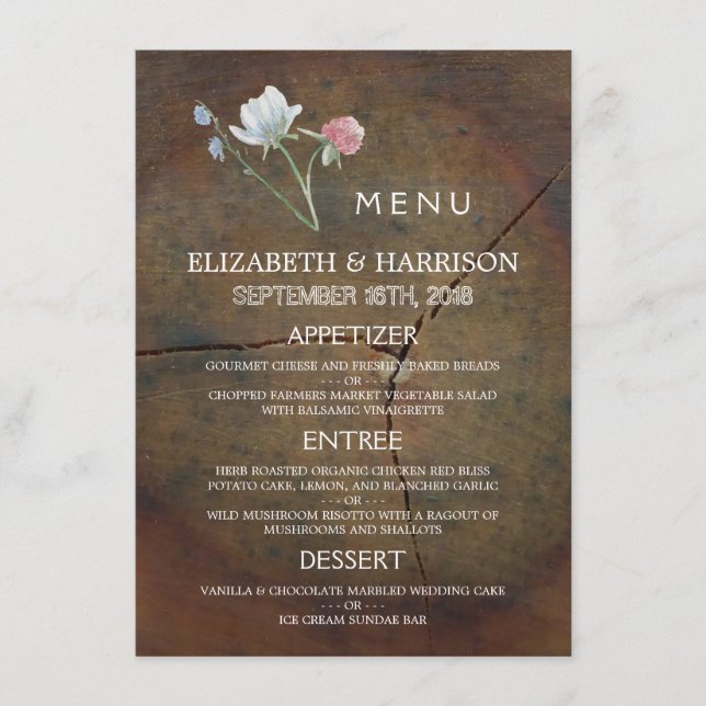 WildblomOak Wood Bröllop Menu Meny (Framsida)