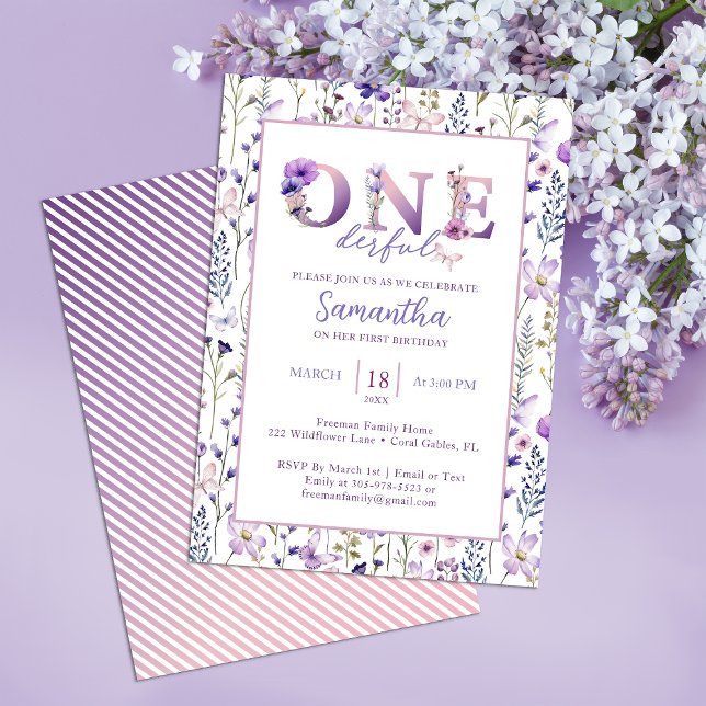 WildblomONEderful Girl's 1st Birthday Inbjudan (Wildflower 1st birthday Invite)