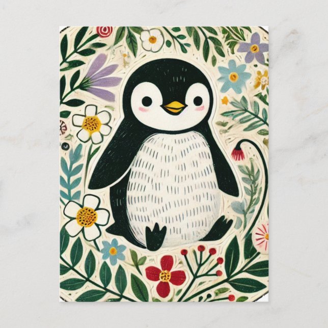 WildblomPenguin Älskare Illustration Vykort (Framsida)