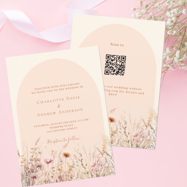 Wildblompersika beige arch QR-kod OSA bröllop Inbjudningar (Skapare uppladdad)