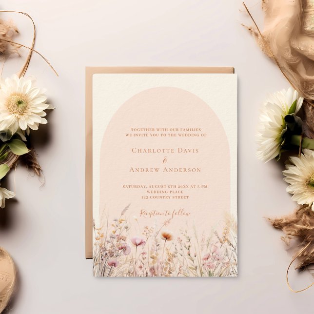 Wildblompersika beige arch QR OSA lyxury bröllop Inbjudningar (Skapare uppladdad)