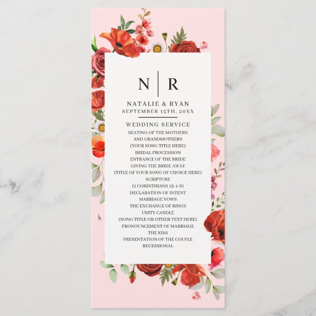 Wildblompoppies Rosa Monogram Bröllop Program (Framsida)