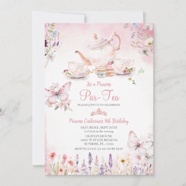 Wildblomprincess ParTea Rosa Butterfly Birthday Inbjudningar (Framsida)