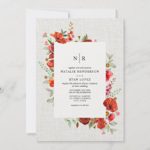 WildblomRed Poppy Blommigt Linen Bröllop Inbjudningar