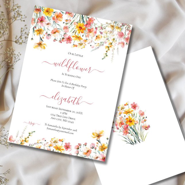 WildblomRosa Gult Blommigt Girls 1:a födelsedag Inbjudningar (Pink Yellow wildflowers 1st Birthday party for baby girl invitation. Printed or Digital Download)