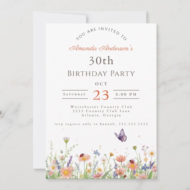 WildblomRosa Lila Garden Party 30års födelsedag Inbjudningar (Framsida)
