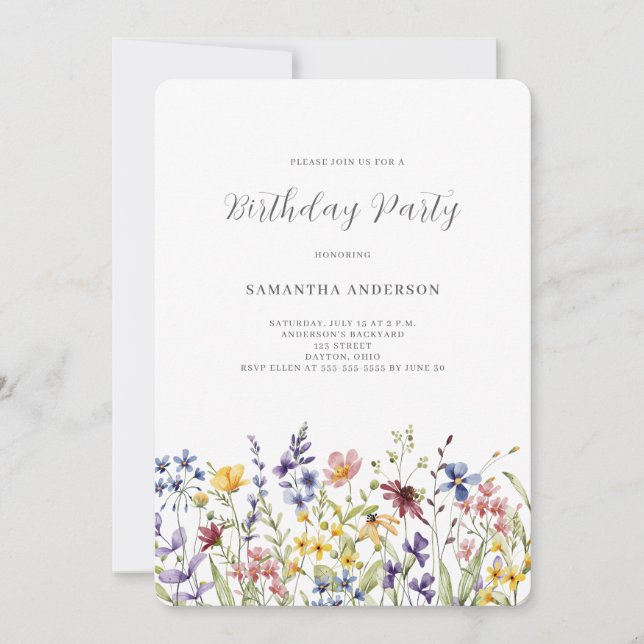 Wildbloms Blommigt Birthday Inbjudningar (Framsida)