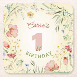 Wildbloms Blommigt Girl's 1st First Birthday One Underlägg Papper Kvadrat