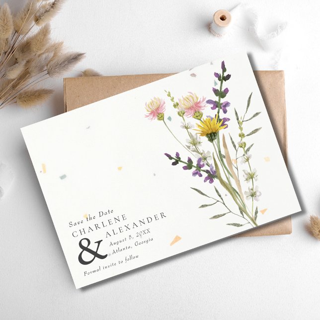 Wildbloms Blommigt Meadow Garden Photo Bröllop Spara Datumet (Wildflower Floral Meadow Garden Photo Wedding Save The Date)