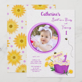 Wildbloms Daisy Girl Gult Lila First Birthday Inbjudningar