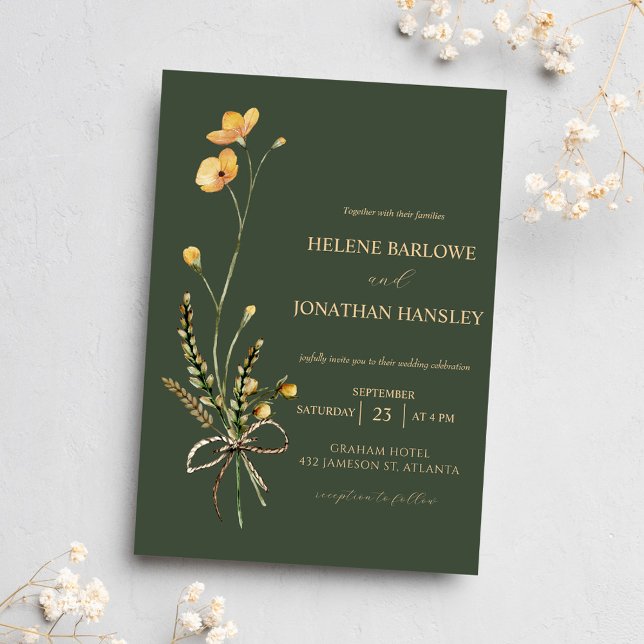 Wildbloms Grönt Botaniskt Modern Elegant bröllop Inbjudningar (Wildflower Green Botanical Modern Elegant Wedding Invitation)