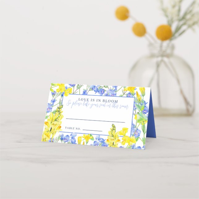 Wildbloms gult blue water botanic bröllop placeringskort (Framsida)