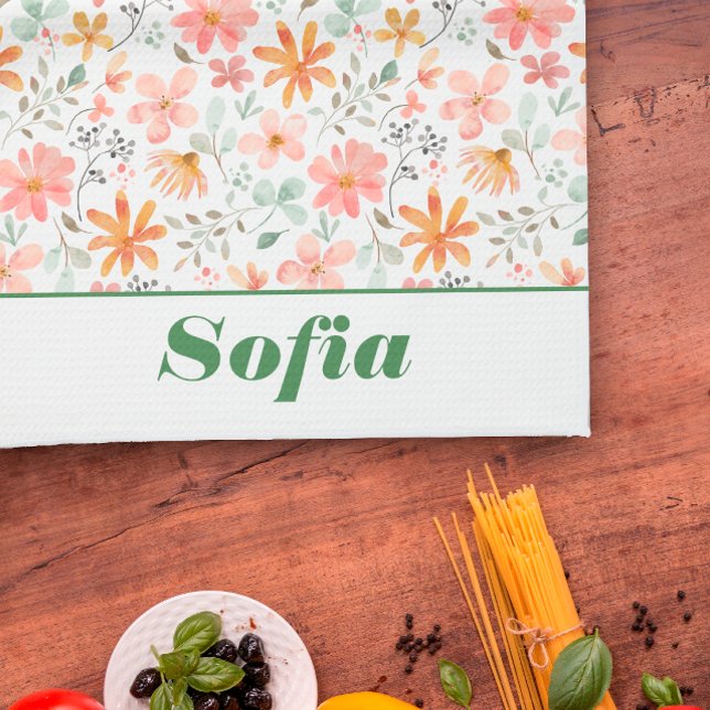 Wildbloms gult boho mönster eget namn vit kökshandduk (Skapare uppladdad)