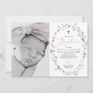 Wildbloms Lila Girl Girl Photo Baptism-inbjudan Inbjudningar