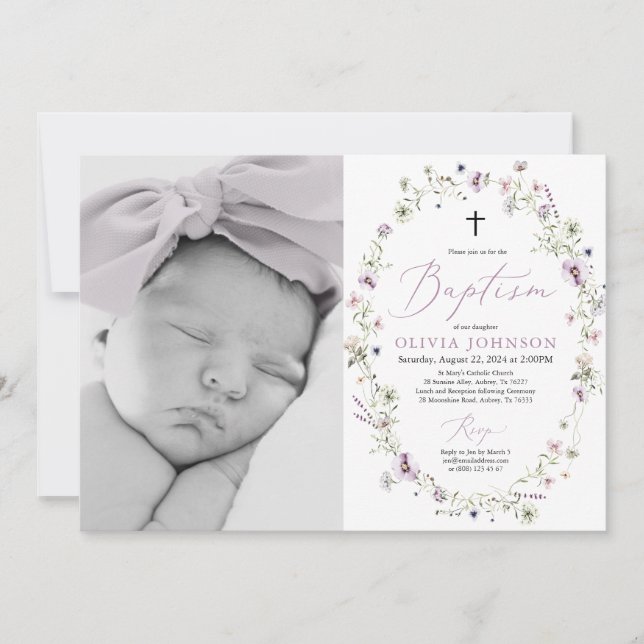 Wildbloms Lila Girl Girl Photo Baptism-inbjudan Inbjudningar (Framsida)