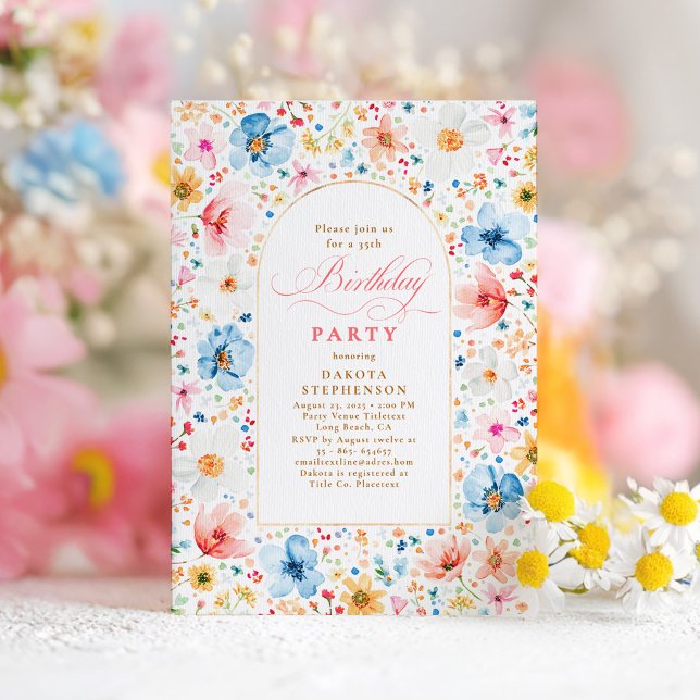 Wildbloms Meadow Blommigt Elegant Garden Birthday Inbjudningar (Wildflowers Birthday Invitation)