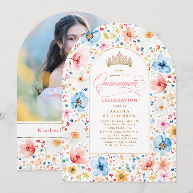 Wildbloms Meadow Blommigt Garden Quinceanera Photo Inbjudningar (Fram/baksida)
