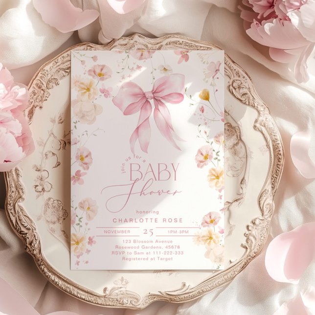 Wildbloms Rosa Bow Elegant Flicka Shower Inbjudningar (Skapare uppladdad)