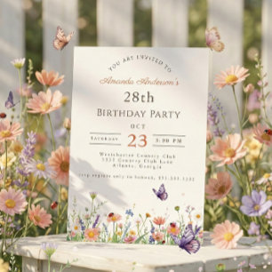 Wildbloms Rosa Lila Garden Party 28:e födelsedagen Inbjudningar