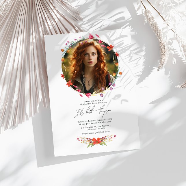 Wildbloms Studentfest Photo Inbjudningar (Wildflower Graduation Party Photo Invitation)