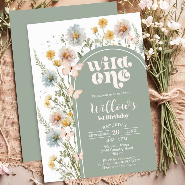 Wildbloms Vild en födelsedagsinbjudan Boho Sage Inbjudningar (Boho Wildflower Wild One 1st Birthday Invitation)