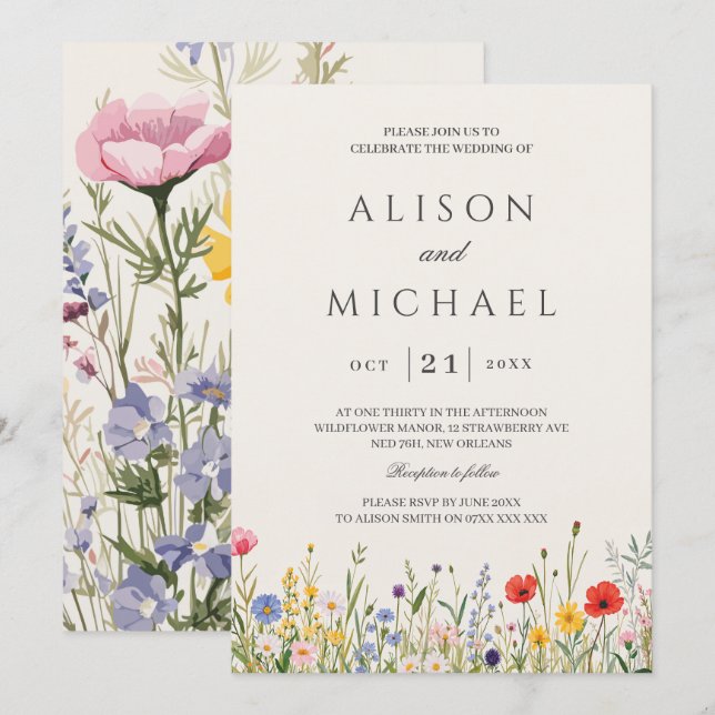 Wildbloms Vild Flower Blommigt Garden Wedding Inbjudningar (Fram/baksida)