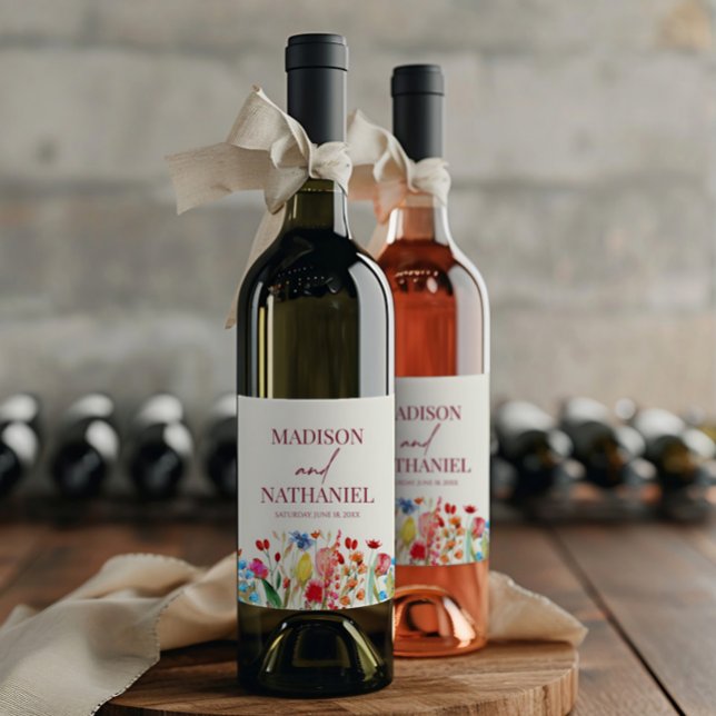 Wildbloms Vild Flower Blommigt Garden Wedding Vinflaska Etikett (Skapare uppladdad)