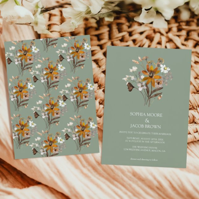 Wildblomsage Grönt Boho Fall Wedding Inbjudningar (Skapare uppladdad)