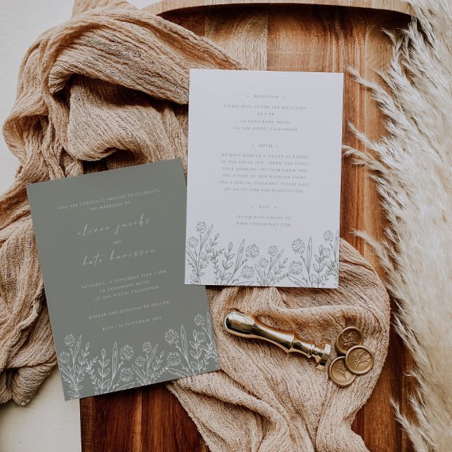 Wildblomsage Sage Grönt Front & Back Bröllop Inbjudningar (Skapare uppladdad)