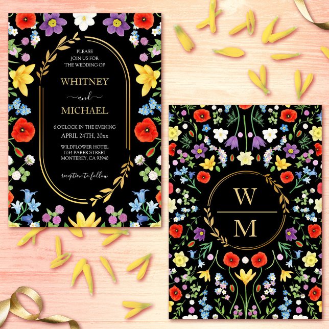 Wildblomsfärgad Vår Monogram Bröllop Inbjudningar (Wildflower Meadow Colorful Spring Monogram Wedding Invitation)