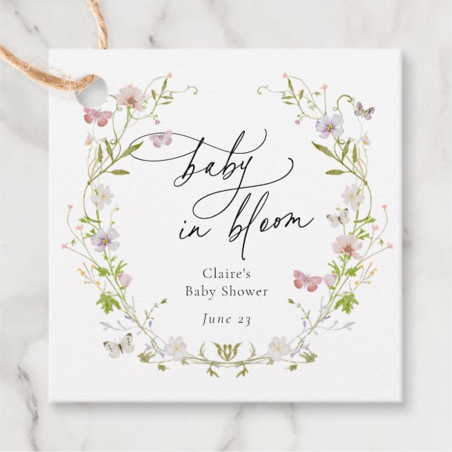 Wildblomsfjärilskran Baby i Bloom Gåvor Etiketter (Framsida)