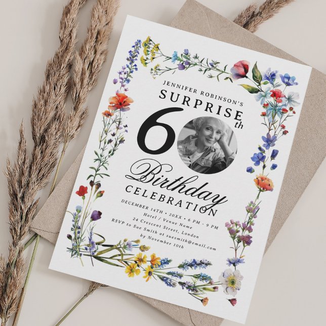 Wildblomsfoto SURPRISE 60:e födelsedagen Inbjudningar (Wildflower Meadow Photo SURPRISE 60th Birthday Invitation)