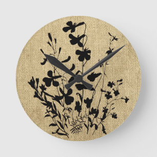 WildblomSilhouette Burlap Rund Klocka