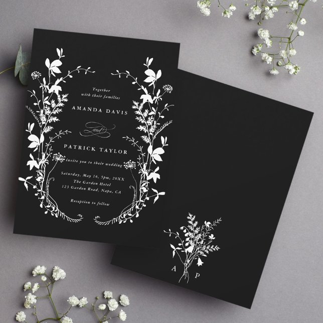 WildblomSilhouette Wandeans Bröllop Black Inbjudningar (Front & Back)