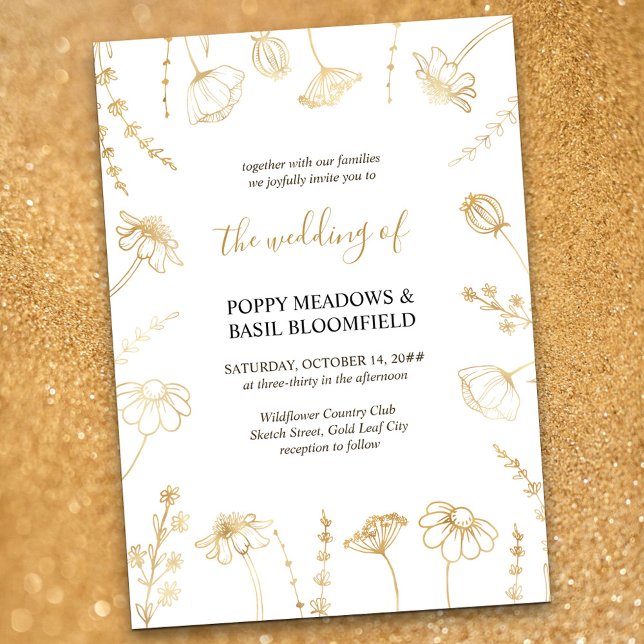 Wildblomsketch Guld Flowers Elegant bröllop Inbjudningar (Wedding Invitation in White & Gold, from my Wildflower Sketch collection)