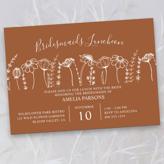 Wildblomsketch Orange Bridesmaids Luncheon Inbjudningar (Bridesmaids Luncheon Invitation in Terracotta Burnt Orange, from my Wildflower Sketch collection)