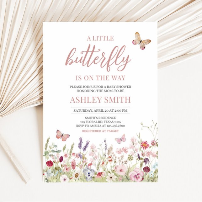 Wildblomsknappare för babyskor inbjudningar (Boho Butterflies Baby Shower Invitation)