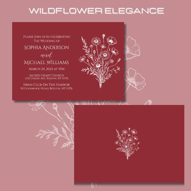 Wildblomskonlegance-Wedding-inbjudan Inbjudningar (Wildflower Elegance Wedding Invitations Red-Rustic, Country, Bohemian, Elegant)