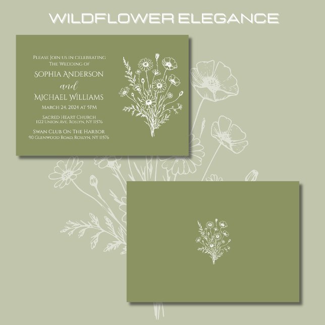 Wildblomskonlegance-Wedding-inbjudan Inbjudningar (Wildflower Elegance Wedding Fern Green Invitations, Rustic, Country, Bohemian)