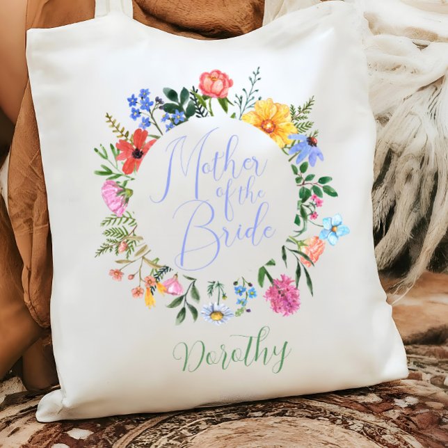 Wildblomskript Budens mamma Bröllop Tygkasse (Mother of the Bride Modern Chic Watercolor wildflower tote bag gift)
