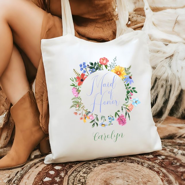 Wildblomskript Maid of honor Bröllop Tygkasse (Maid of Honor Wildflower Tote Bag change the text colors to whatever color you like!)