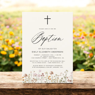Wildblomskript Neutralt Beige Baptism Inbjudningar
